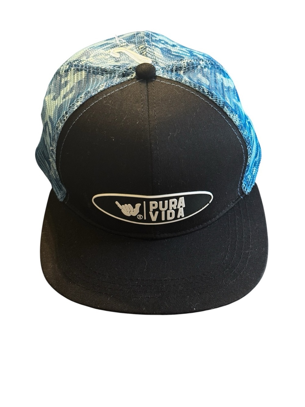 NWOT Pura Vida black & blue trucker hat, blue tie-dye mesh, adjustable band.